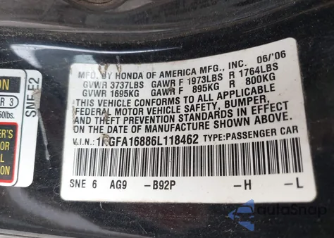 2006 Honda Civic Ex z USA, uszkodzony, nr VIN 1HGFA16886L118462